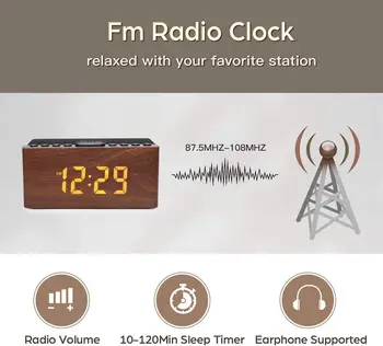 Wooden Digital LED Alarm Clock with FM Radio & Wireless Charger for iPhone/Samsung, 5-Level Dimmer, USB Port, Sleep Timer 4