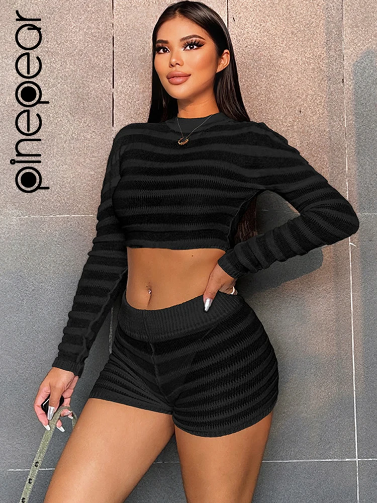 

PinePear 2024 New Fashion See Through Striped Knitted Long Sleeve Crop Top and Shorts Sets Women Crochet Hook Two Piece Suits