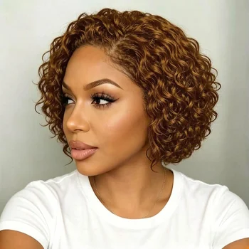 13X4 Lace Front Wigs Human Hair Curly Pixie Bob Wigs 8 Inches Natural Short Hair Style 180% Density 1