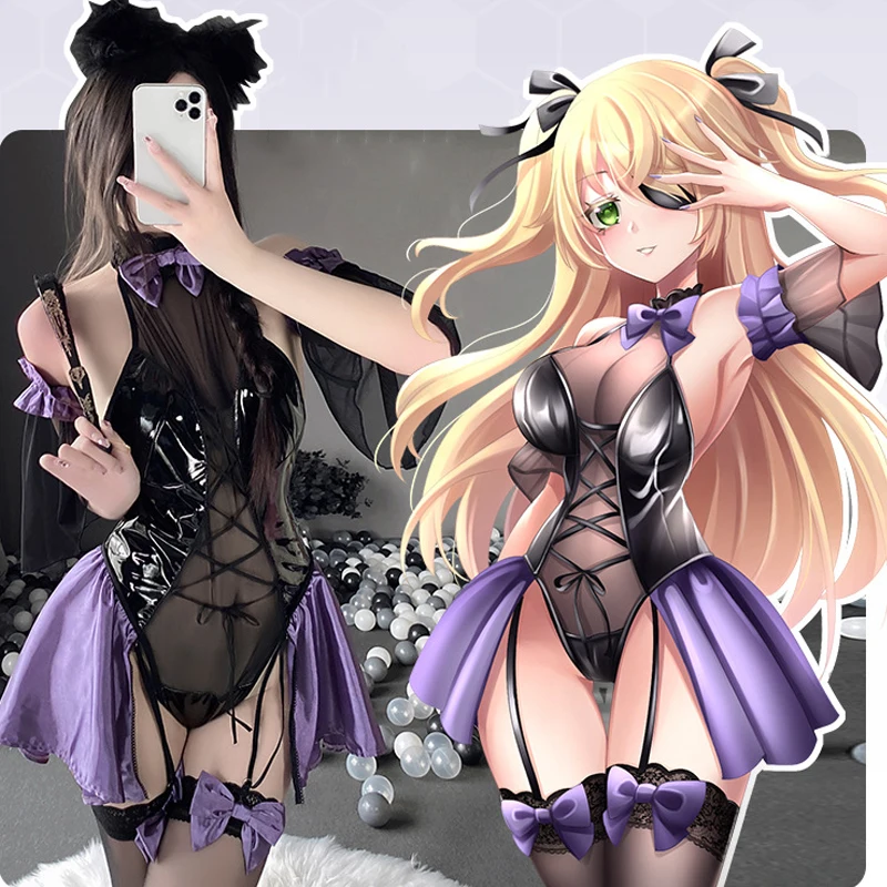 

Genshin Impact Fischl Cosplay Halloween Maid Dress Nightwear Lolita Girls Backless Halter Latex Leather Bodysuit Lingerie Set