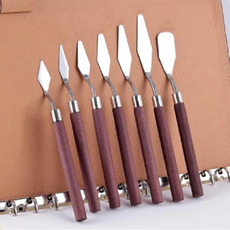 

7Pcs Art Spatula Soft Paint Oil Painting Wooden Handle Palette Knife Set Gouache Color Mixing Knife Scraper Art Supplies Set