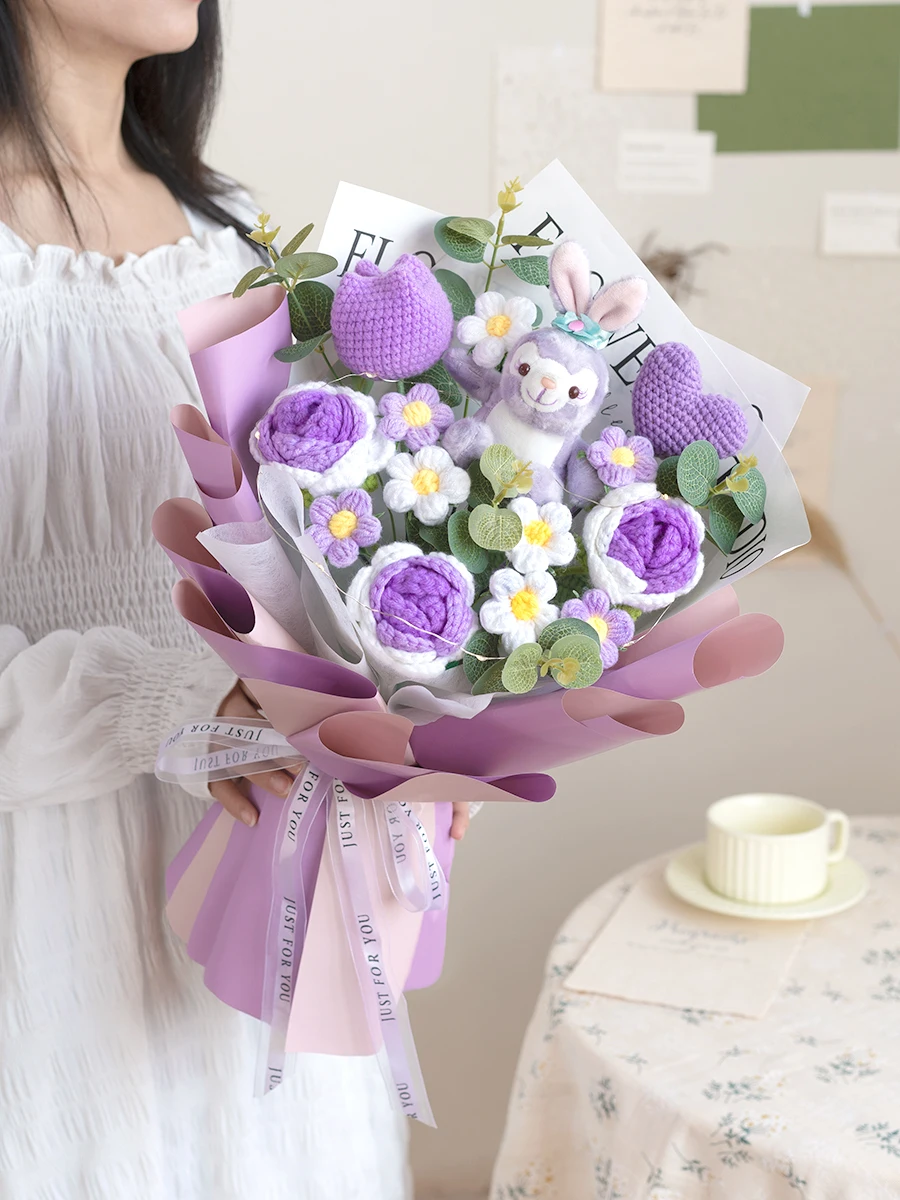 Handmade Knitted Wool Flower Bouquet Bridesmaid Handheld Flower Gift Crocheted Fiber Art Indoor Decorative Fake Flowers