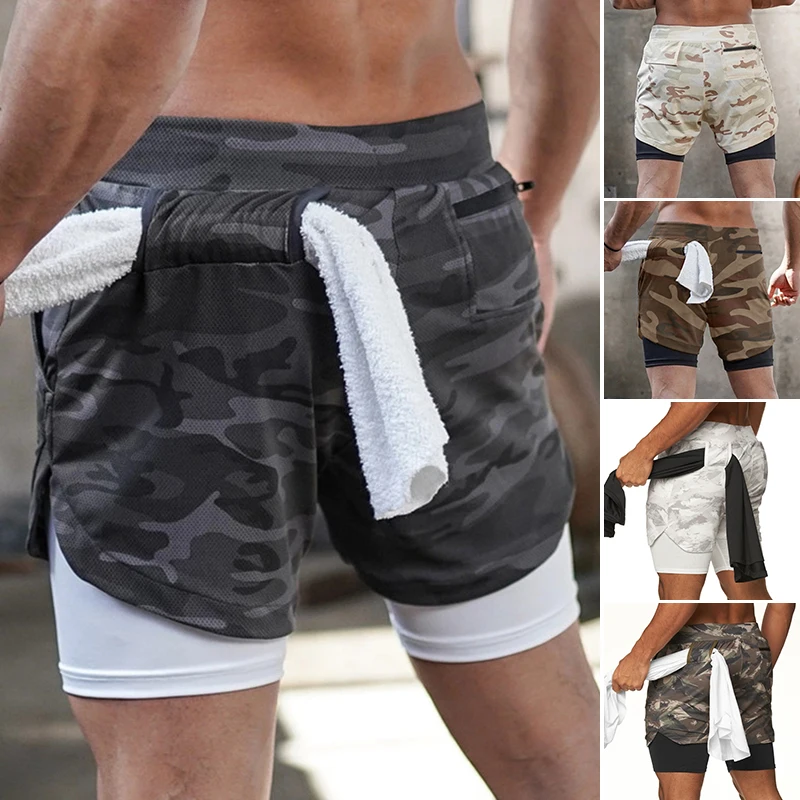 

Fitness Jogging Workout Shorts 2023 Camo Running Shorts Men Sports Short Pants Men 2 In 1 Double-deck Quick Dry GYM Sport Short