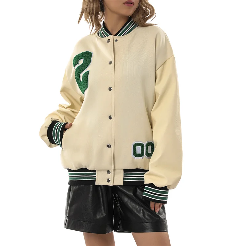 

Женские бейсбольные куртки, модные кожаные лоскутные куртки в стиле панк, с длинным рукавом и вышивкой, топы на пуговицах, верхняя одежда, осень-весна