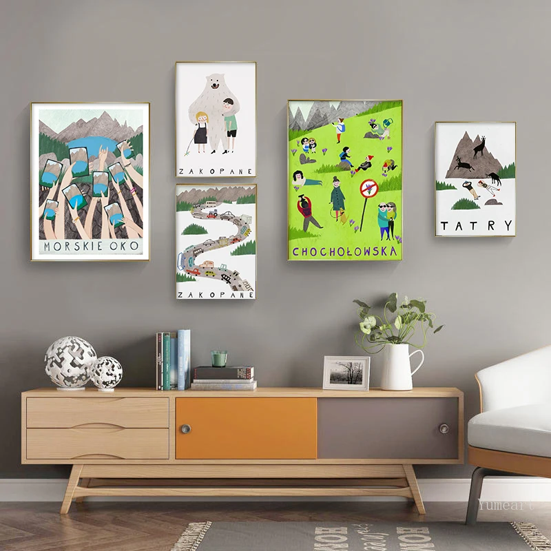 

Cartoon Poland Travel Illustration Canvas Painting Print Tatra Mountain Poster Nordic Wall Art Picture for Kid's Room Home Decor