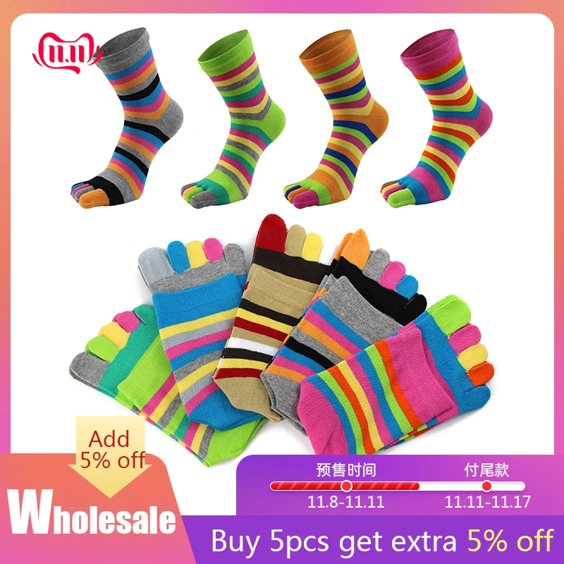 

Носки хлопковые полосатые с пятью пальцами, смешные цветные дышащие чулки средней длины, мягкие модные домашние, Сокс, Осень-зима