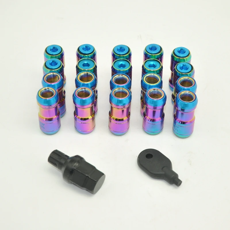 Neo Chrome Extended Dust Cap Steel Wheel Rims Lug Nuts With Lock Key M12X1.5 M12X1.25 20Pcs