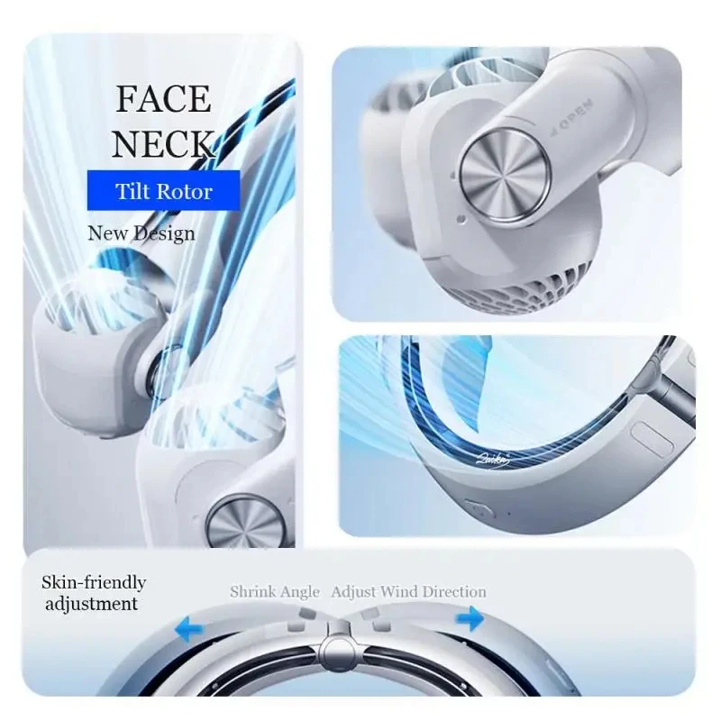 2024 New Outdoor Sports Portable Neck Fan 3-Gears Speed Adjustable Angle Fast Cooling 2400mAh Long-lasting Silent Turbine Fan 2