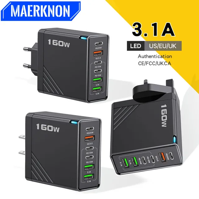 160W Multi-Port USB Charger, Type-C Fast Charging Wall Adapter for iPhone, Samsung, Xiaomi 1