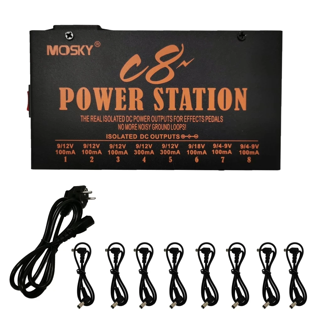 

MOSKY C8 Guitar Effect Pedal Power Supply 8 Isolated Output 4-9V Adjustable 12V 18V Optional Voltage Guitar Pedal Power Station