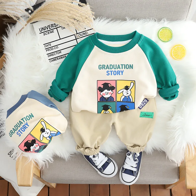

2023 Korean Spring Autumn Children Boy 2PCS Clothes Set Cartoon Printed Long Sleeve Sweatshirt Casual Pants Suit Baby Boy Outfit