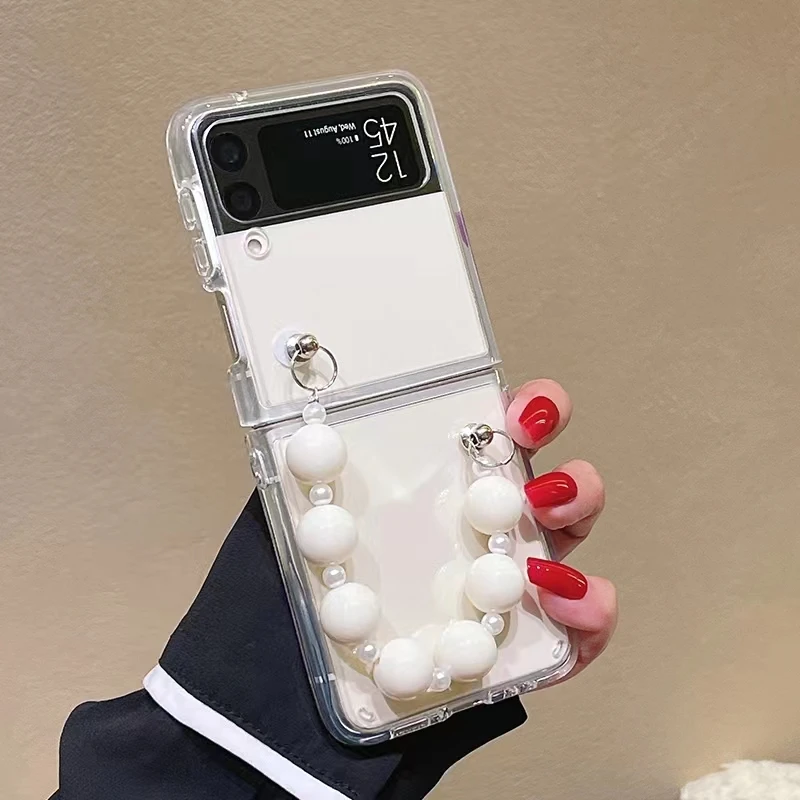 Per Samsung Galaxy Z Flip 3 Z Flip 4 Zflip 5G Luxury White Bead Bracciale Chain Phone Case Per Galaxy Z Flip 4 Etui Funda Para