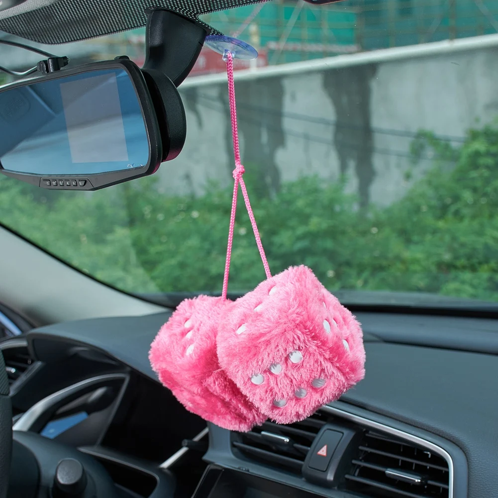 Blue ygmoner Pair of Retro Square Mirror Hanging Couple Fuzzy Plush Dice with Dots For Car Interior Ornament Decoration 
