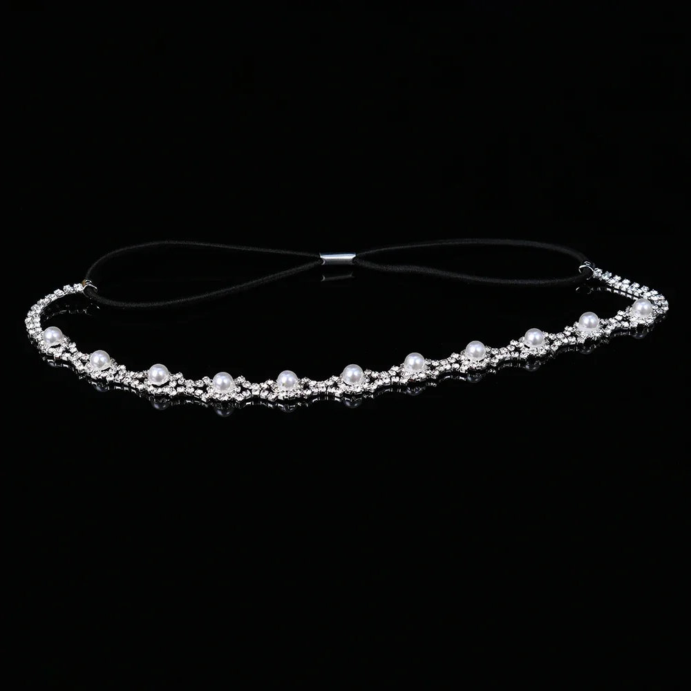 Women Elastic Rhinestone Headband Wedding Bridal Hair Chain Pearl Crystal Hair Band Accessories