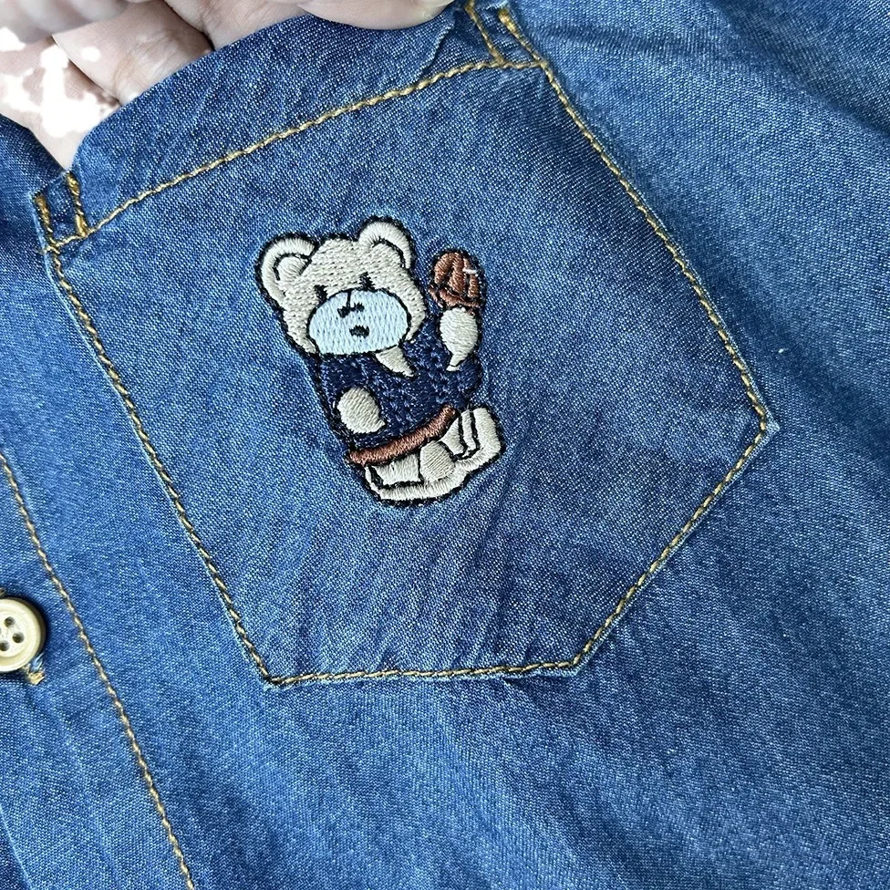 Autumn Boys Cute Embroidery Bear Soft Jeans Shirt Kids Children Casual Denim Blouse Outerwear 100-150cm