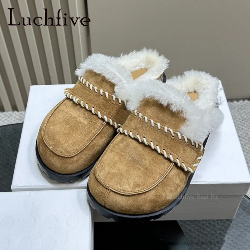 

Luchfive Winter New Inside Fur Women's Slippers Suede Round Toe Half Slippers Plush Slippers Brand Casual Warm Slippers Mujer