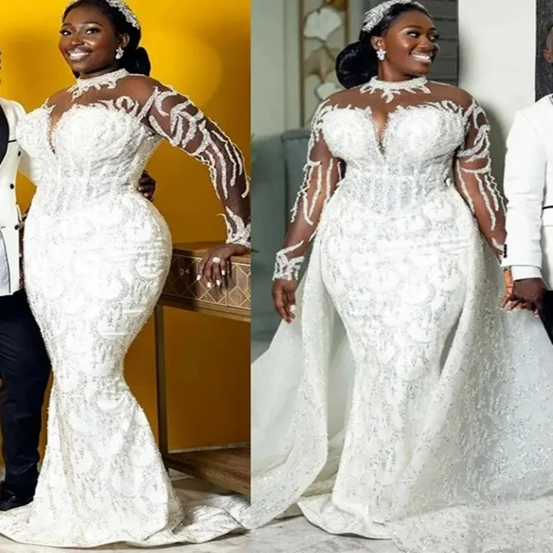 

Очаровательное свадебное платье с высокой горловиной и бусинами Аппликация Русалка со съемным шлейфом длинными рукавами Иллюзия задняя сторона