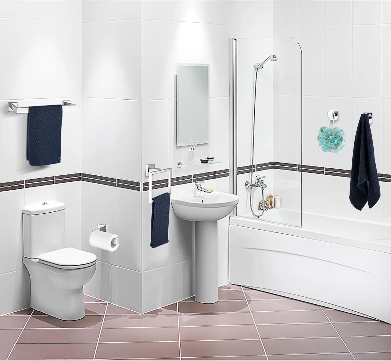 10-Piece Bathroom Set. Polished Chrome. SUS304 Stainless Steel. Square Towel Bar, Rack. Heavy Duty. Wall-Mounted.