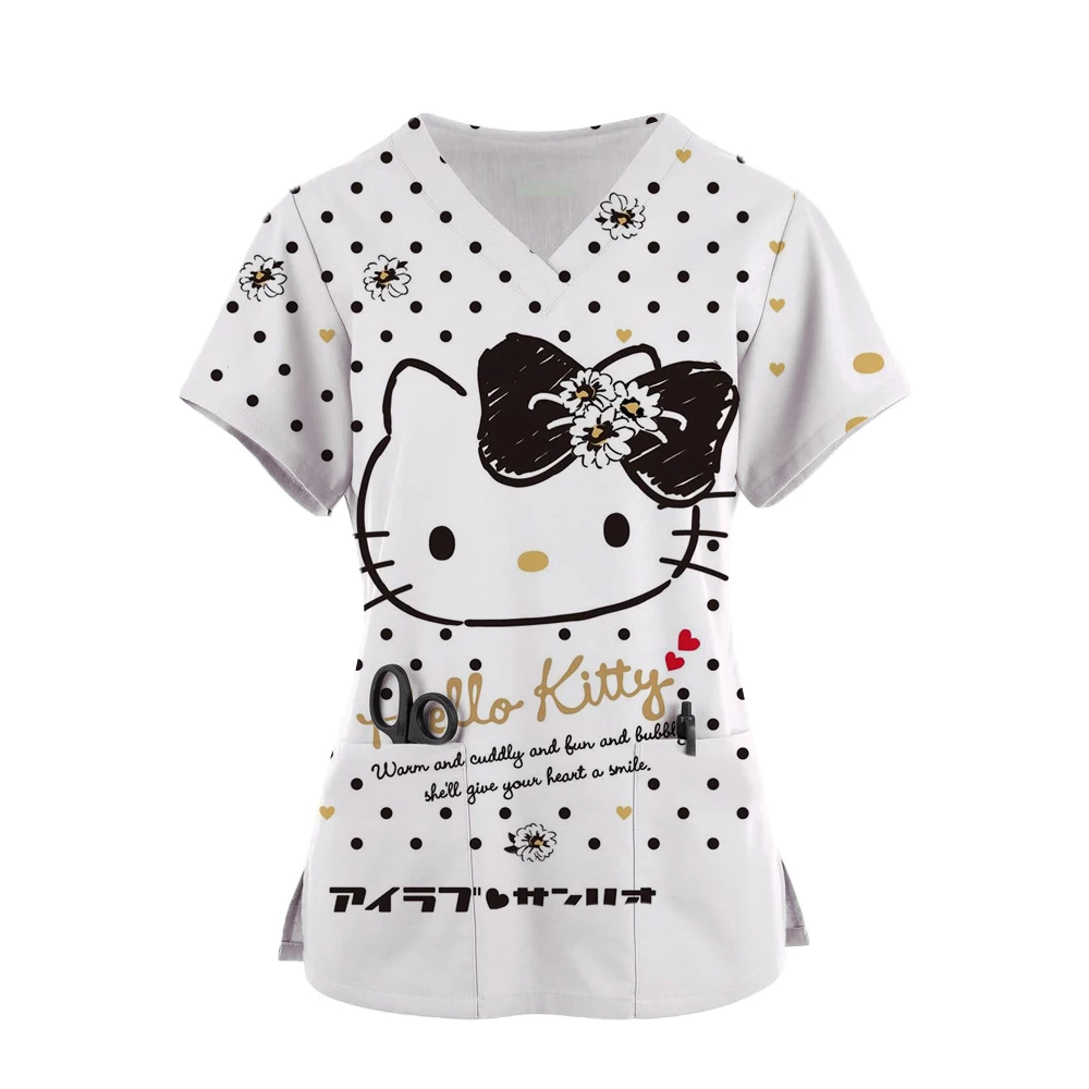 thumbnail image 1 of Uniforme de enfermera kawaii con estampado de Hello Kitty para mujer, blusa de manga corta con bolsillos, uniformes médicos de enfermería, 1 of 5