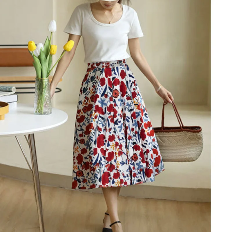 Fashion Temperament Mid Length Skirt Women's Summer New Casual Office High Waist Umbrella Skirt A-line Printing High-end