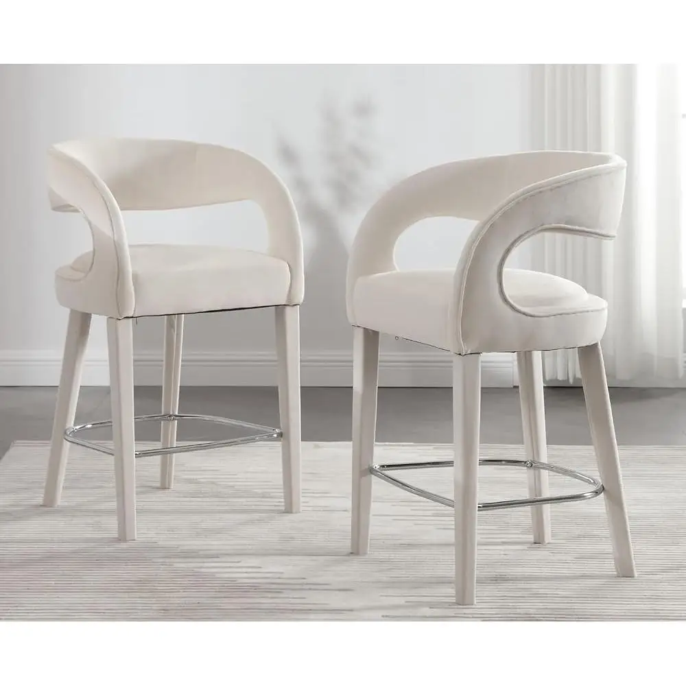 Modern Velvet Counter Height Bar Stools Set of 2 Comfortable Upholstered Stools with Back Armrest Metal Footrest Kitchen Cafe 4