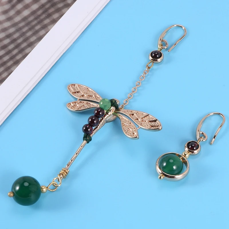 Ethnic Vintage Dragonfly Stone Bead Asymmetric Dangle Earrings Fashion Jewelry Drop Hook Earrings For Women Gift