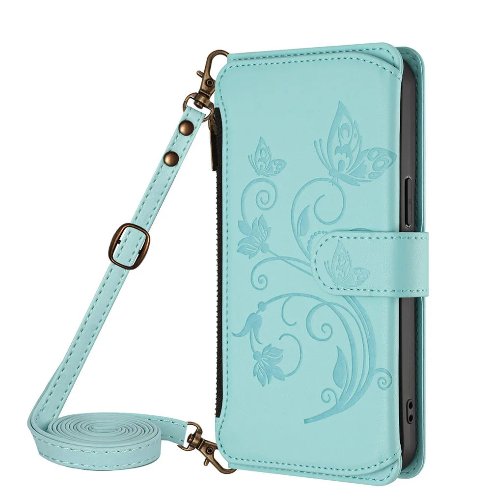 Multi Card Slot Wallet Case with Zipper Cover and Long Lanyard