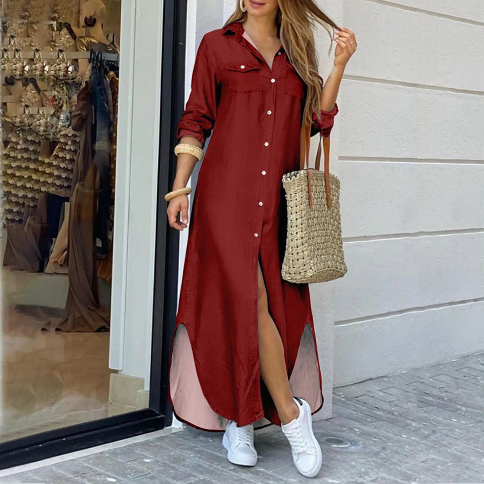 

Cardigan Dress Casual Irregular Women Maxi Dress Summer Letter V-Neck Long Sleeve Ladies Dress Button Holiday Vintage Streetwear