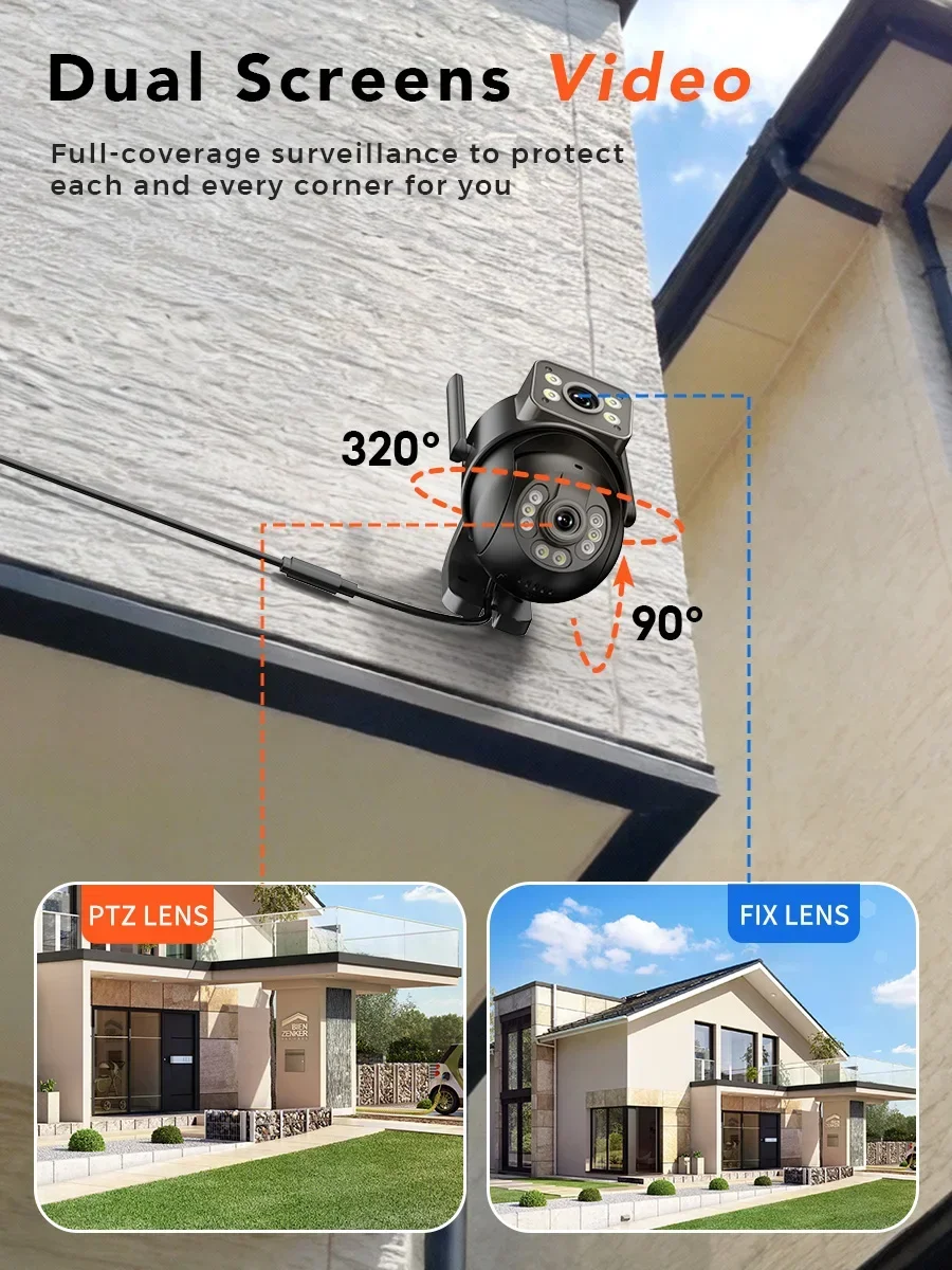 10MP 5K HD WiFi Camera Outdoor 2.4G+5G Dual Band 8MP Dual Lens Dual Screen AI Auto Tracking Security Camera Video Surveillance 4
