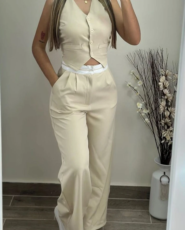 Two Piece Set Women Outfit 2024 Summer V-Neck Sleeveless Buttoned Vest Top & Casual Pocket Design Daily Straight Leg Pants Set