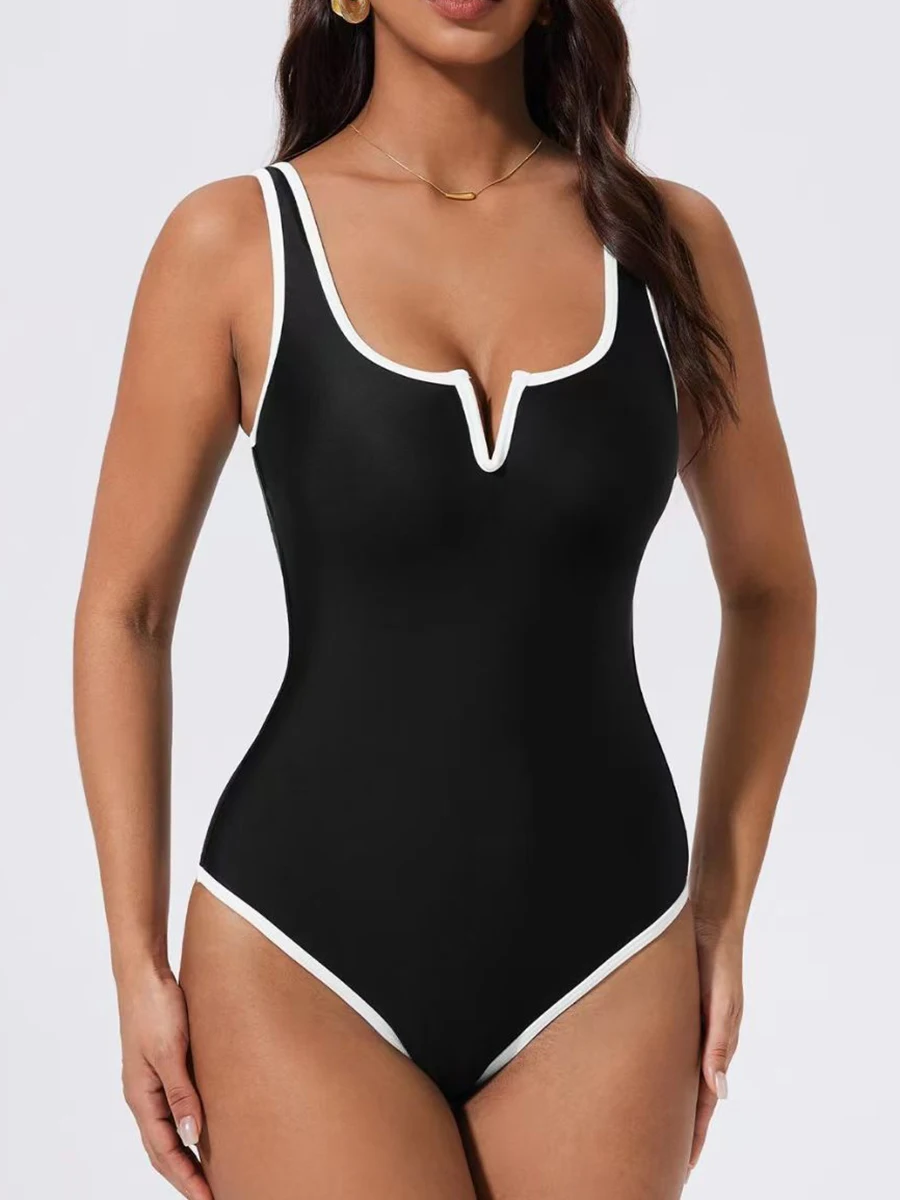 Contrast Binding Ruched V-Neck Swimsuit S90c4aacd749641189f228315b9ea7f15P