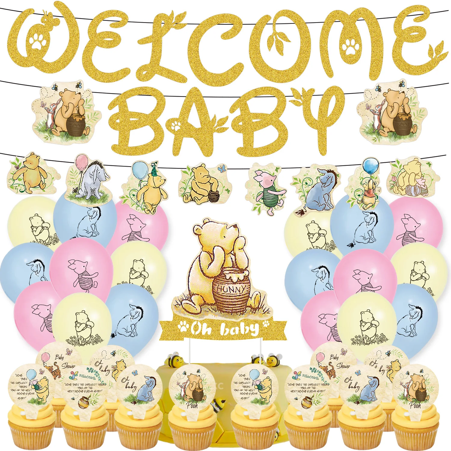 25 PCS Classic The Pooh Cupcake Toppers And Cake Topper For Winnie Baby  Shower Decorations and Birthday Party Cake Decorations