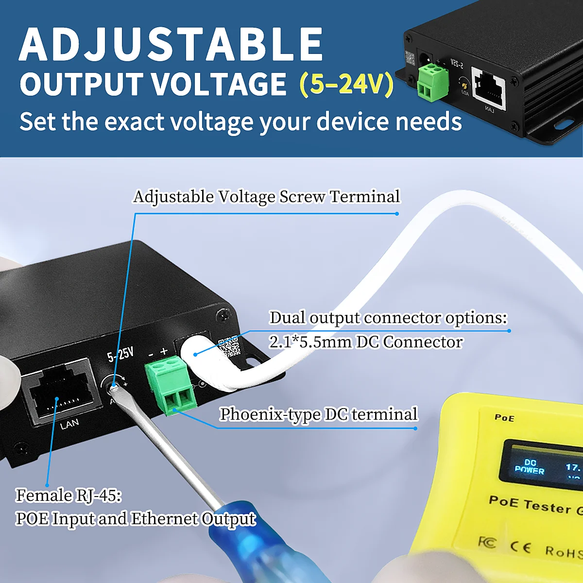 65W 2.5기가비트 PoE 분배기 5-24V 가변 전압 출력 PoE++ 802.3bt에서 5V/9V/12V/24V DC 전원 어댑터(디스플레이 화면용)
