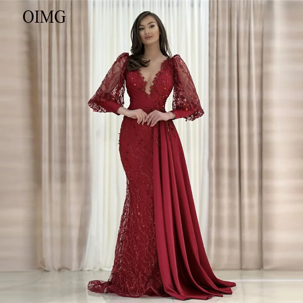 

Блестящие Зеленые Вечерние платья OIMG с длинными рукавами-фонариками, с длинными рукавами-фонариками, с сердечком, с бусинами, Дубай, женское официальное платье для выпускного вечера, платья