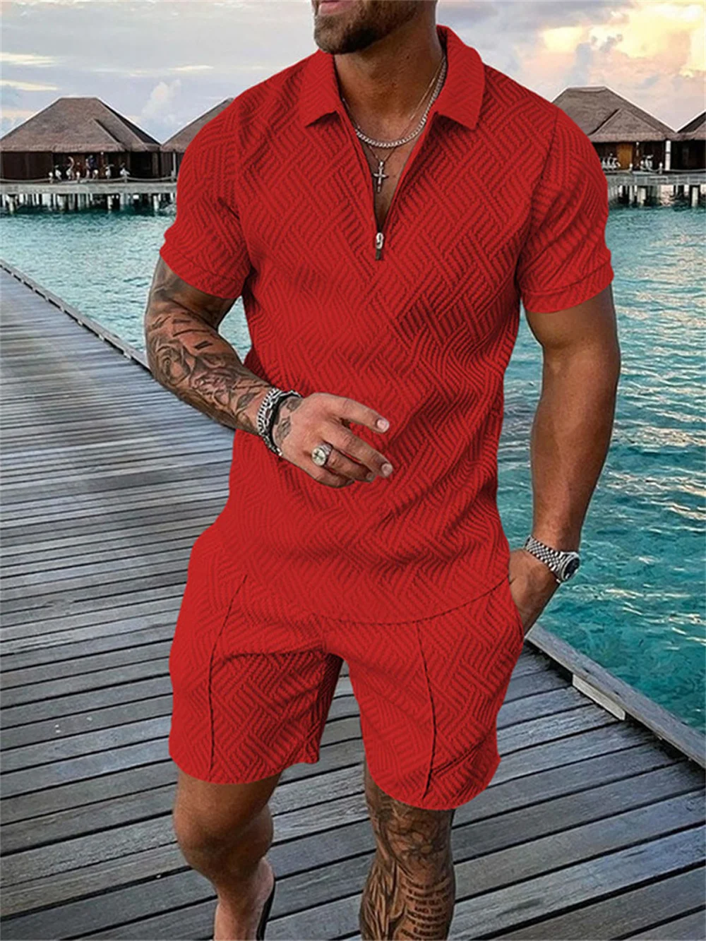 2023 Summer Men's Solid Short Sleeve Zipper POLO Shirt Short Sleeve Shorts Set Street Outdoor Casual High Quality Men's Clothing