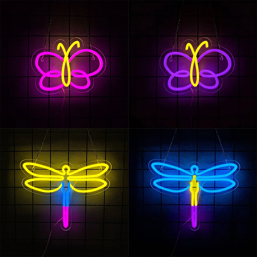 나비 잠자리 LED 네온사인, 흥미로운 동물 아이콘, 방, 거실, 게임룸, 사무..
