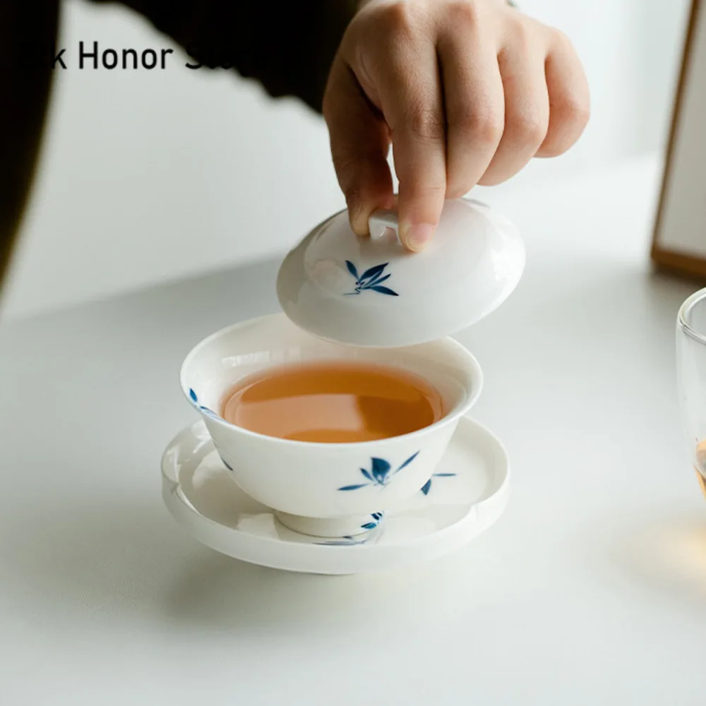 100ml Pure Hand-painted Butterfly Orchid Tea Tureen White Porcelain Ring Button Cover Bowl Tea Maker Gaiwan Kung Fu Teaware