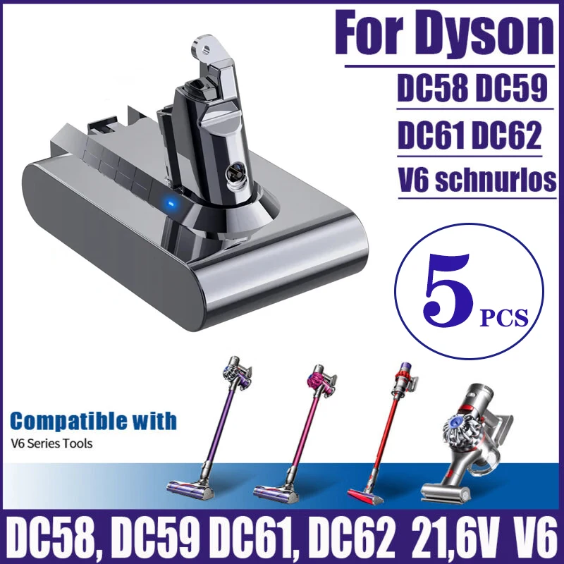 5-Pack 6.0Ah 21.6V Batterie Per Dyson V6 Dc74 Animal Sv03 Sv04 Sv09 Dc58 Dc72 Batteria Di Ricambio Ru De