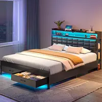 Bed Frame Queen Size with Storage Headboard and 2 Drawers, Upholstered Platform Bed with Charging Station and LED Light, Black 1