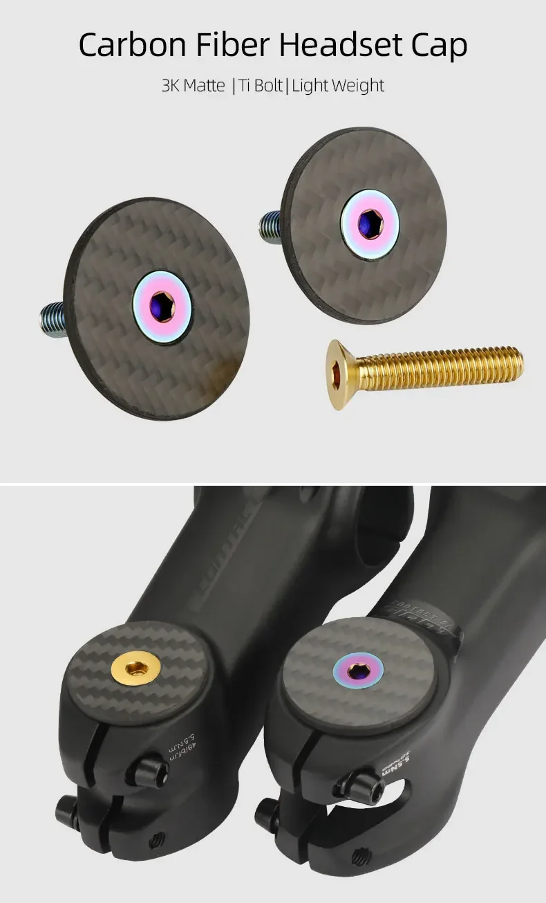 Description Picture 2 of itemBicycle Headset Top Carbon Fiber Cap W/ M6*30mm Titanium Screw for 1-1/8" 1-1/4" Front Fork Super Light 3K Matt Stem Top Cover