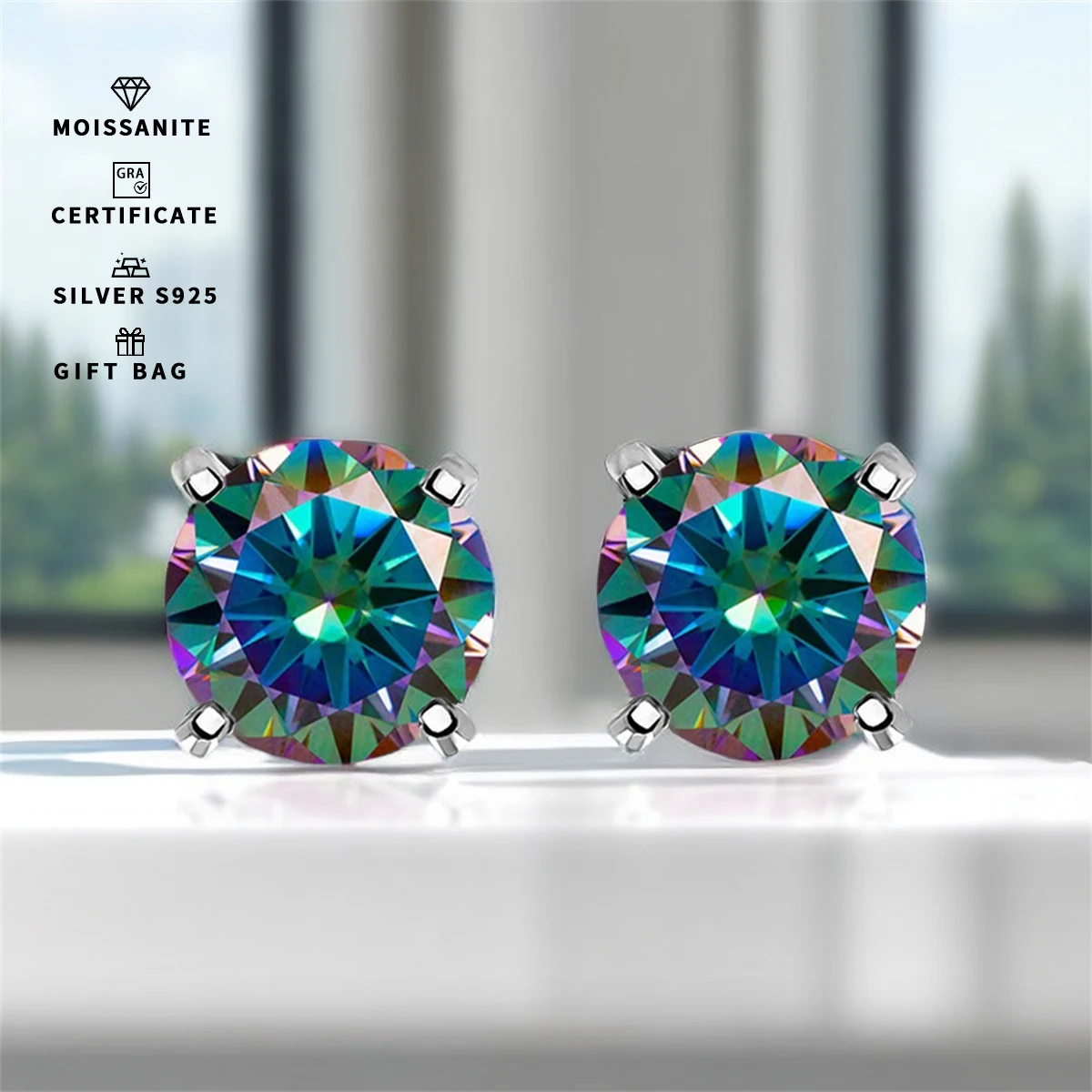 

GRA 0.3ct-3ct Certified S925 sterling silver four-prong stud earrings Round Rainbow Moissanite earrings women fine jewelry