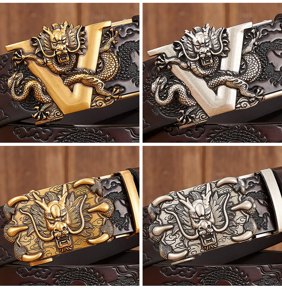 Male Genuine Leather Belts Casual Ratchet Belt with Automatic Buckle Luxury Design Dragon Pattern Belts for Business Men Strap