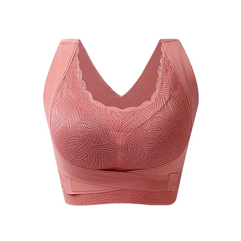 Women's Supportive Non-Padded Bra Lace Cross-Back Sport Design with Side Buckle Anti-Glue Latex Cup Seamless Breathable Top