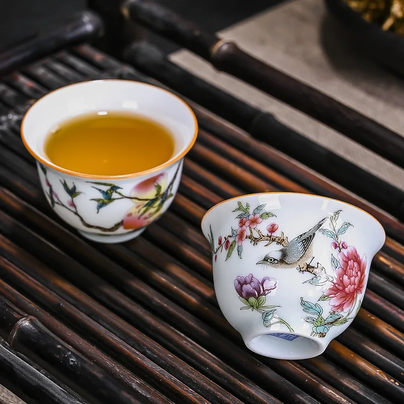 Palace Ceramic Teacup Hand Painted Flowers Tea Bowl Handmade Tea Cup Tie Guanyin Pu'er Home white Porcelain Set 60ml 1 Pc