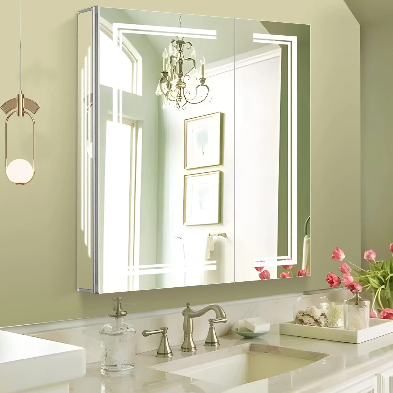 

LED Medicine Cabinet,Bathroom Mirror Cabinet with Lights,Aluminum Constrution,Equip with Internal Light,USB Shaver Socket,