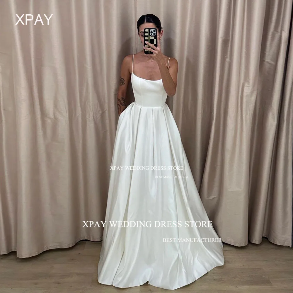 

XPAY Elegant Draped Satin Wedding Dresses Sleeveless Spaghetti Straps Bride Dress Custom Floor Length Backless Robe de marriage