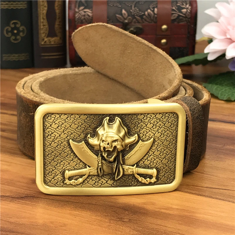 Brass Skull Belt Buckle Leather Belt 