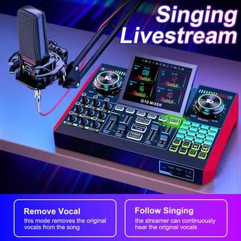 Tenlamp Audio Interface Mixer Sound board,G10 Boom Arm Professional Voice Changer,Podcast Equipment Bundle with 3.5mm Microphone and Live Sound Card For KOL Singing Gaming DJ Mixing Station Controller Equipment Studio Professional Recording Music Mixer 6