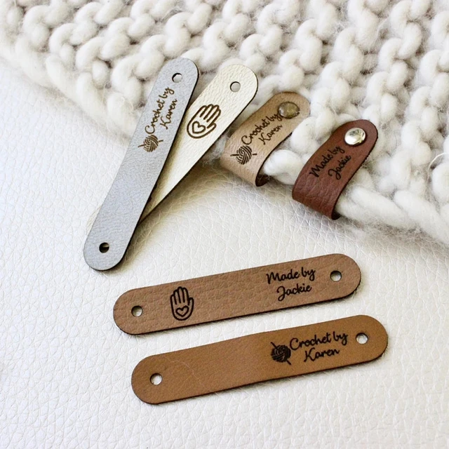 30pcs Personalized tags for crochet with logo text Custom leather labels  for clothes knitting Sewing center fold handmade label