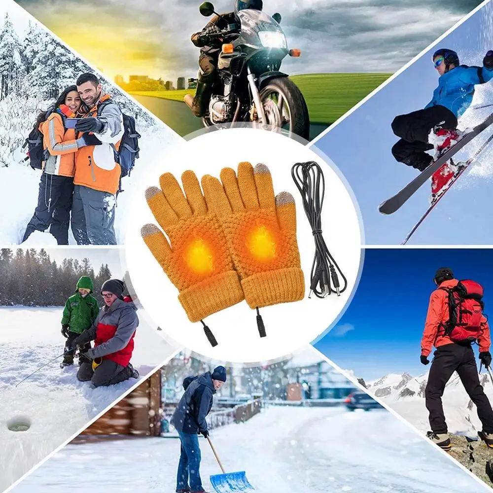 A collage of pictures of people wearing heated gloves in the snow.